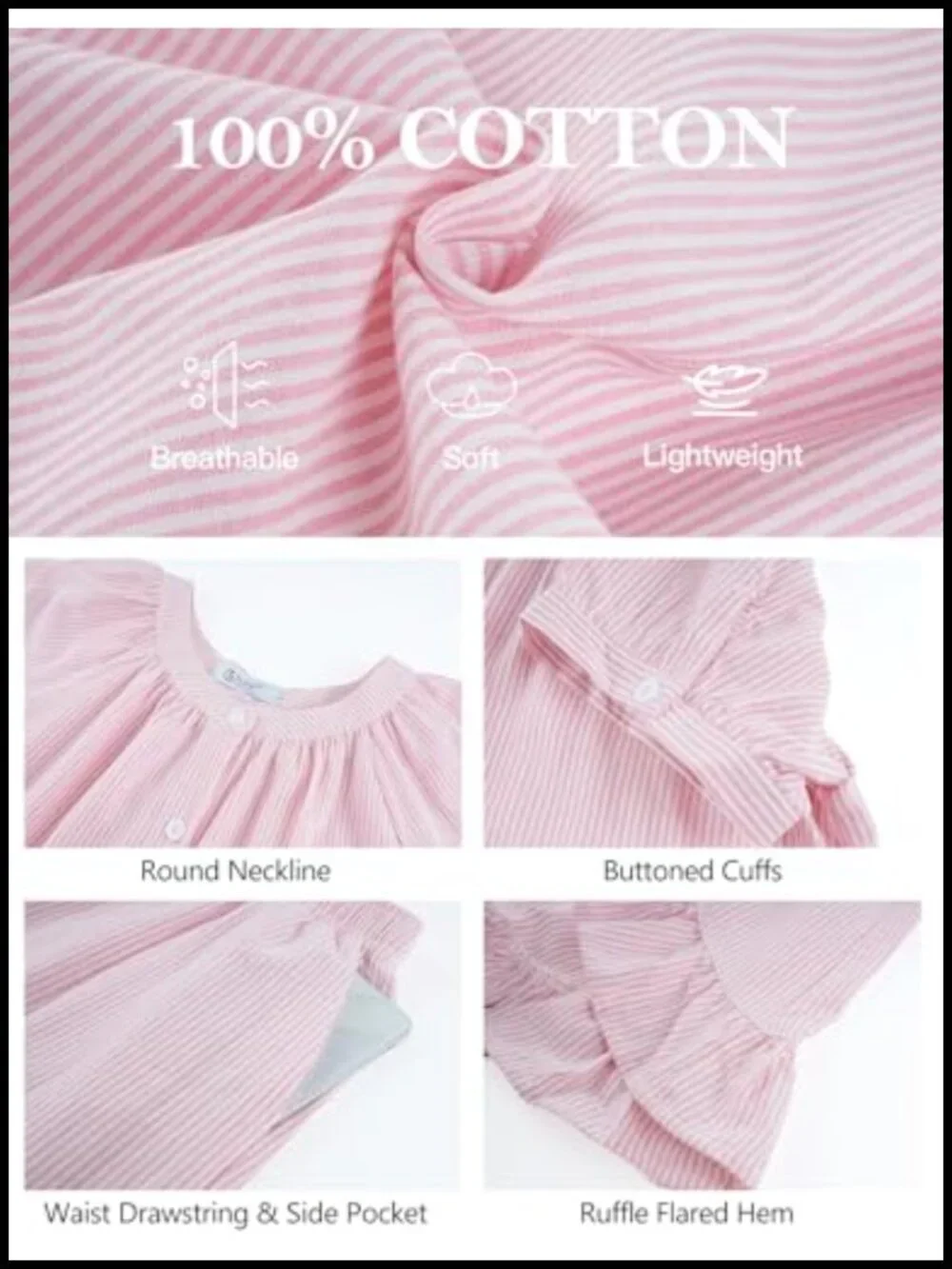 Cotton Striped Ruffle Pajama Set Button Down Babydoll Top Shorts